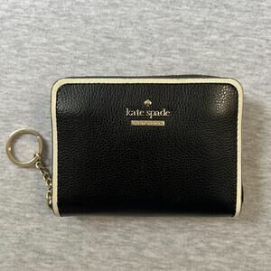 Kate Spade New York Black Pebbled Leather Zip Around Wallet Key Ring White Trim